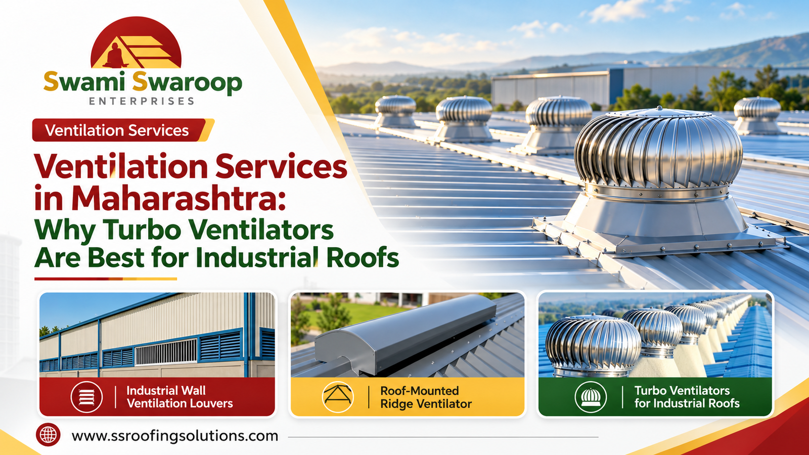 Ventilation services in Maharashtra with turbo ventilators on an industrial roof
